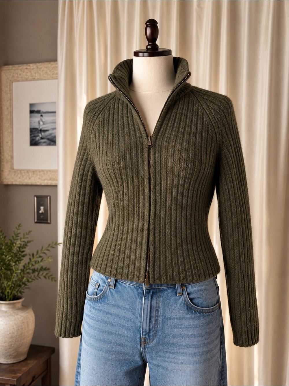 Cropped Olive Wool Ribbed Zip-Front Women's Sweater Jacket